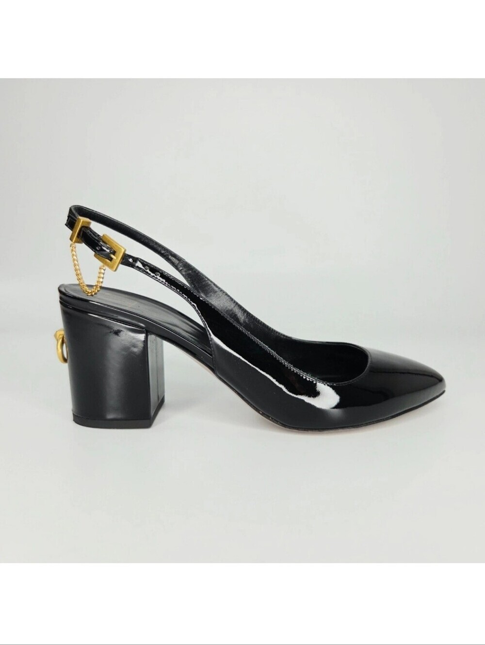 Valentino Garavani Black Patent Leather Ringstud Slingback Block Heels